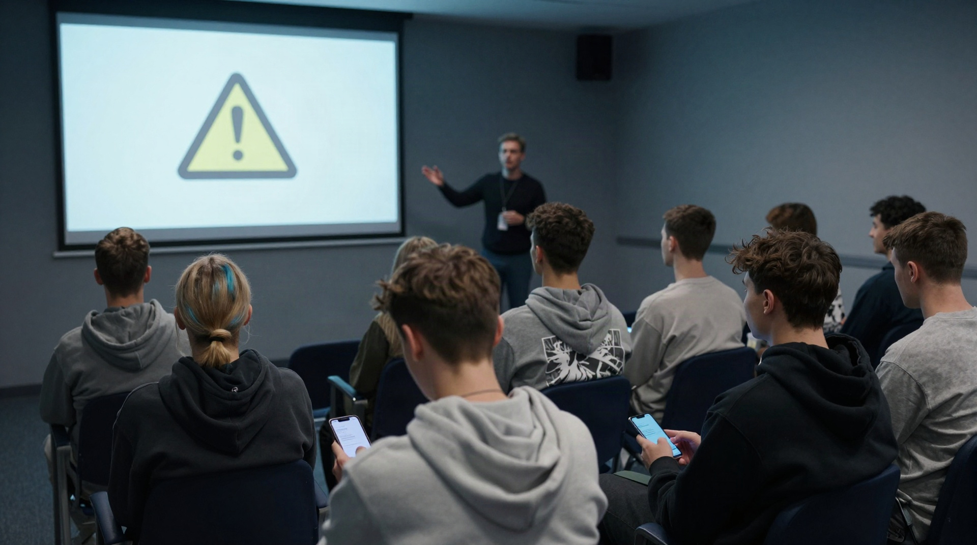 Преподаватель проводит лекцию, но аудитория полностью отвлечена на свои смартфоны.