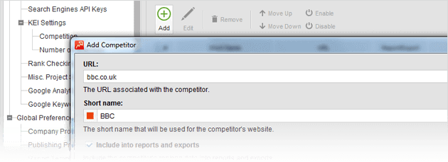 Перейдите в « Настройки»> «Конкуренты в Rank Tracker», нажмите   добавить участника и заполнить данные участника