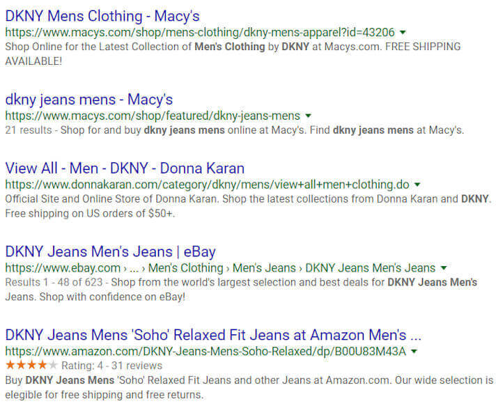 Например, если вы ищете «мужские джинсы DKNY», вы получите следующий результат: